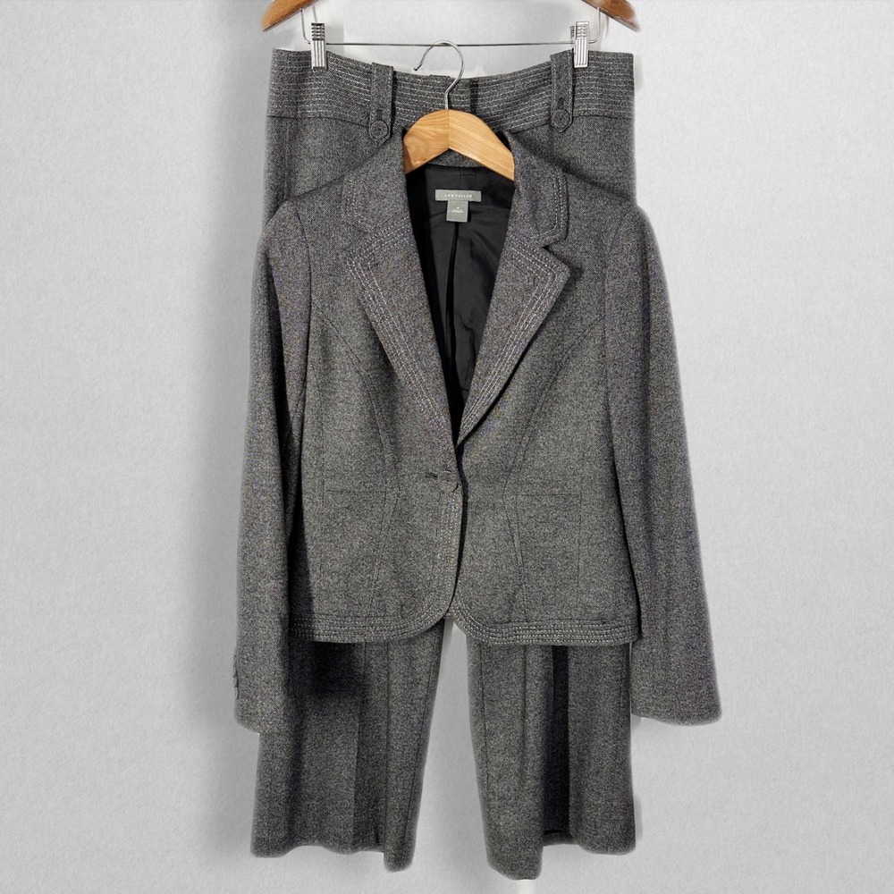 Y2K Ann Taylor Virgin Wool Blend Grey Woven Pant Suit & Blazer Women's Size 10